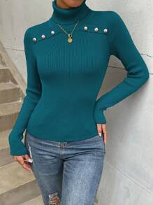 Selianne 高领纽扣细节罗纹针织套头衫秋冬毛衣 - 藍色 - 查看 5