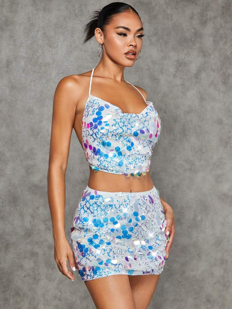 SHEIN BAE 聖誕亮片迷你緊身短裙 - 白色 - 查看 5