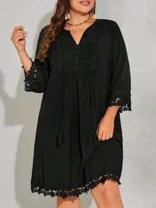 SHEIN VCAY Hơn Cà vạt Đồ trang trí Lace hoa văn Đầm - màu đen - Xem 3