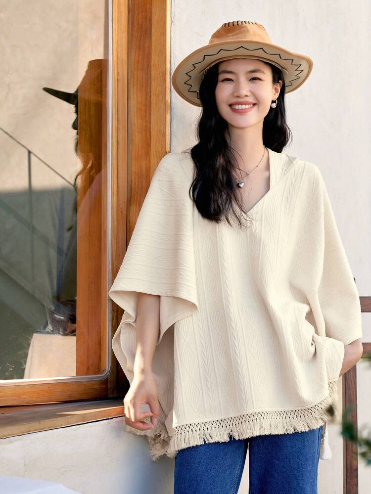 Fringe Trim Batwing Sleeve Cover Up Summer,Beach Women Outfits