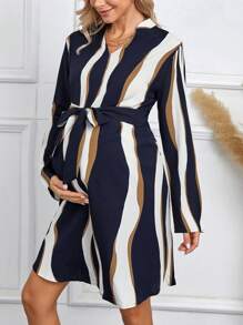 SHEIN Maternity Colorblock Belted Dress - Multicolor - View 1