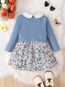 SHEIN 女小童碎花拼接領洋裝&夾克 - 淺藍色 - 查看 2