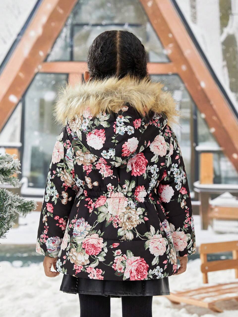 Young Girl Floral Print Fuzzy Trim Hooded Padded Coat