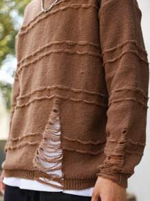 Claim Dot 男士破洞落肩袖套頭毛衣 - 咖啡棕 - 查看 4