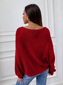 SHEIN Unity 素色落肩袖套頭毛衣 - 紅色 - 查看 3