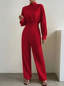 Chiquease Mock Neck Lantern Sleeve Wide Leg Jumpsuit - Burgundy - View 6