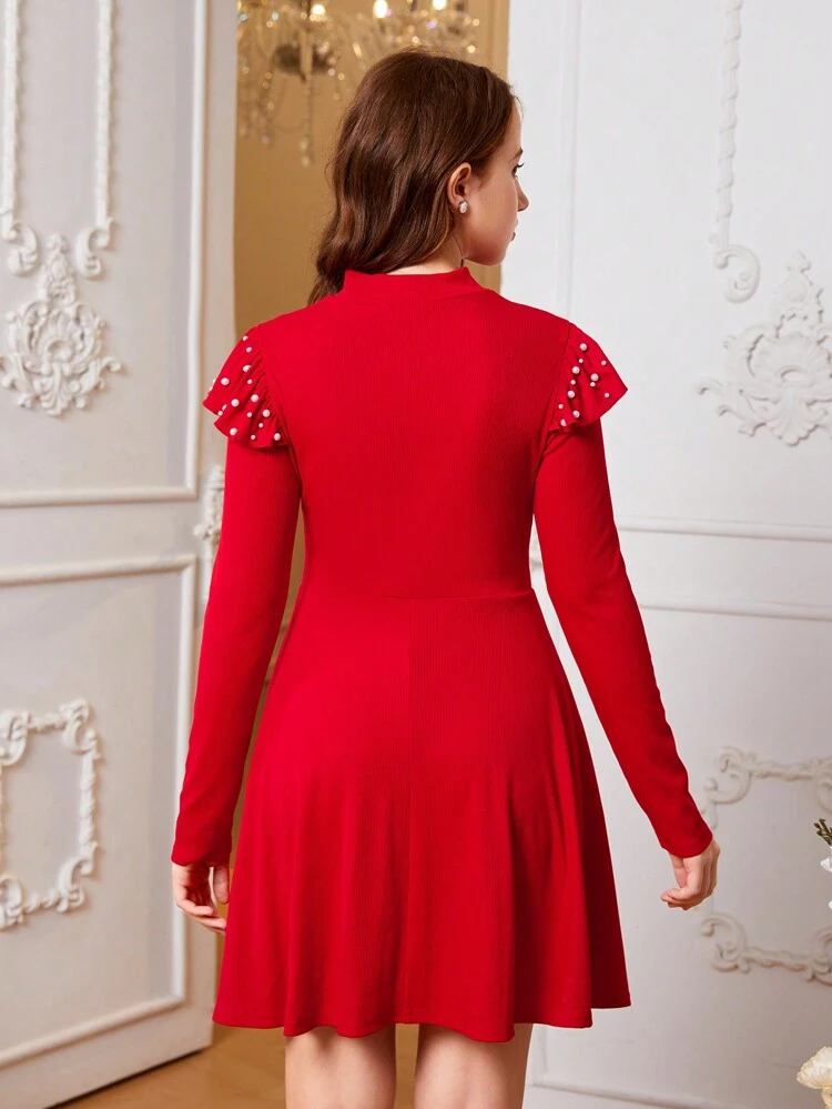 Teen Girl Pearls Beaded Mock Neck Dress Without Belt for Christmas
