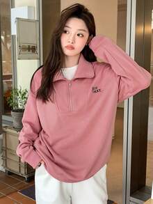 DAZY Đồ họa Chữ cái Một nửa khóa kéo Thả vai Áo chui đầu Oversized - Hồng - Xem 5