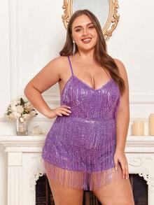 Double Crazy Plus Fringe Trim Sequin Cami Romper - Purple - View 4