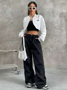 SHEIN EZwear Chi tiết Patched thư Thả vai Mùa vụ Áo khoác bomber - trắng - Xem 5