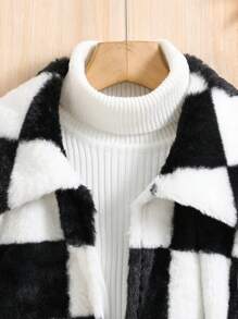 SHEIN Tween Girl Checkerboard Pattern Belted Flannel Coat Without Sweater - Black and White - View 5