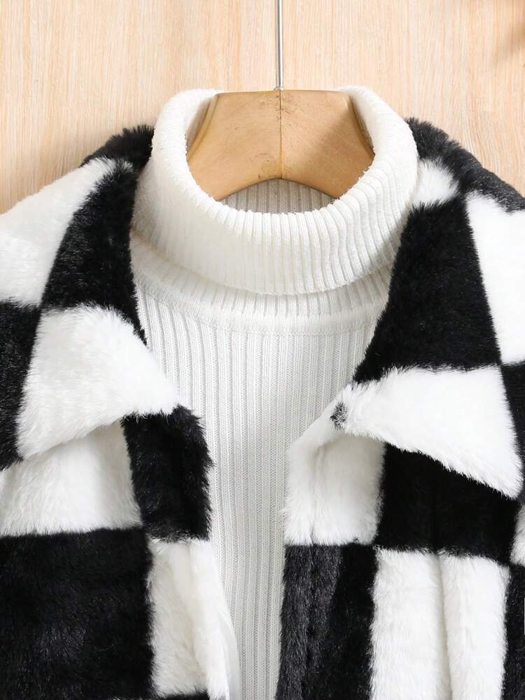 Tween Girl Checkerboard Pattern Belted Flannel Coat Without Sweater