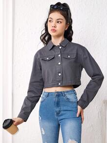 Teen Girl Flap Detail Crop Denim Jacket - Dark Grey - View 5