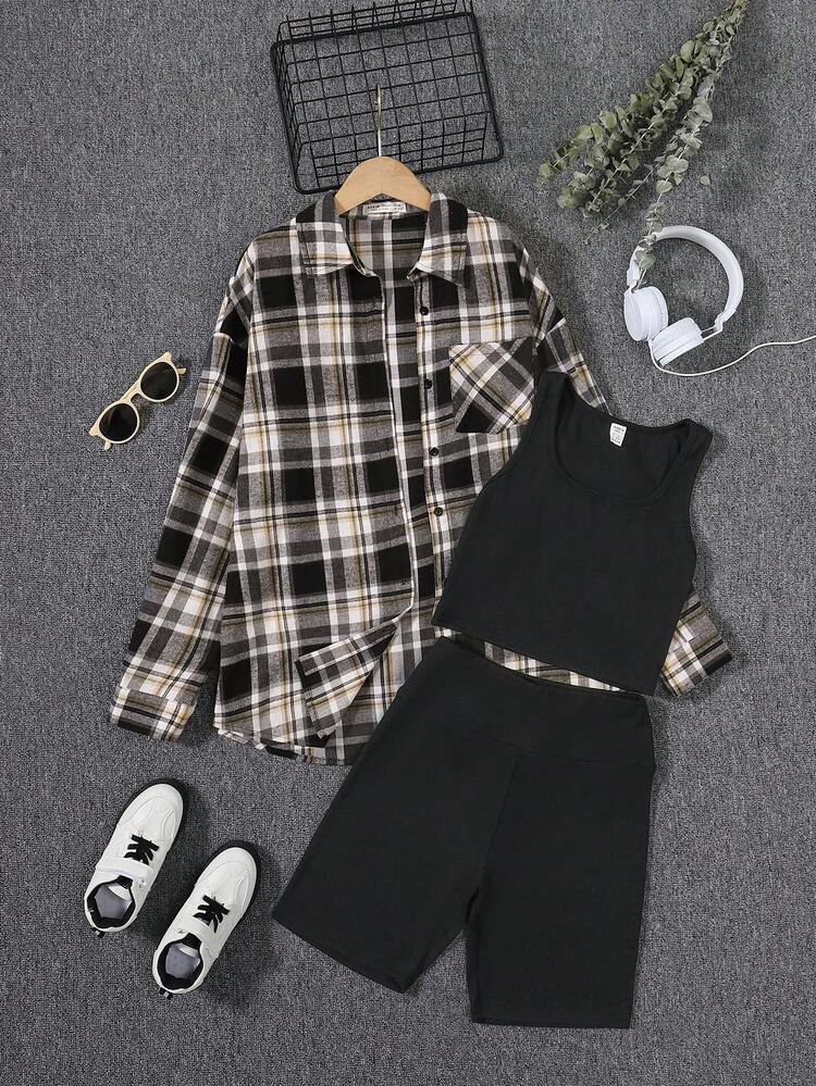Teen Girl Plaid Print Shirt & Tank Top & Shorts