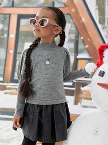 春季秋季女孩休閒羊腿袖立領毛衣 - 灰色 - 查看 5