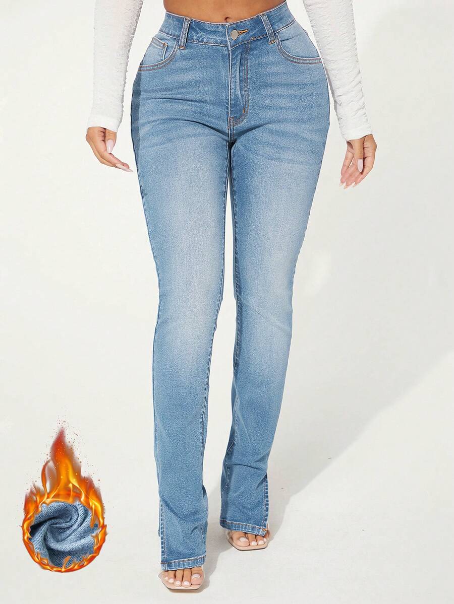 SHEIN 拉絲織物保暖高腰下擺開叉緊身牛仔褲 - 淺色水洗藍 - 查看 1