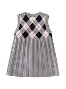 Baby Girl Argyle Pattern Pleated Sweater Dress - Grey - View 2