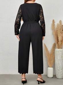EMERY ROSE Plus Contrast Lace Scallop Trim Belted Wide Leg Jumpsuit - Black - View 2