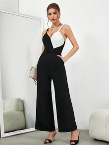 SHEIN Privé 女款拼色細肩帶連身褲 - 黑色 - 查看 5