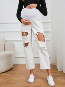 SHEIN Maternity Wideband Waist Cut Out Ripped Straight Leg Jeans - White - View 1