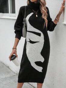 EMERY ROSE Figure Graphic Turtleneck Lantern Sleeve Sweater Dress Fall Winter Cloth For Women - Black - View 4