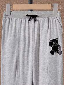 男大童小熊印花腰部抽繩衛褲 - 淺灰色 - 查看 4