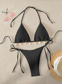 SHEIN Swim 夏季沙灘貝殼裝飾三角比基尼套裝 - 黑色 - 查看 1