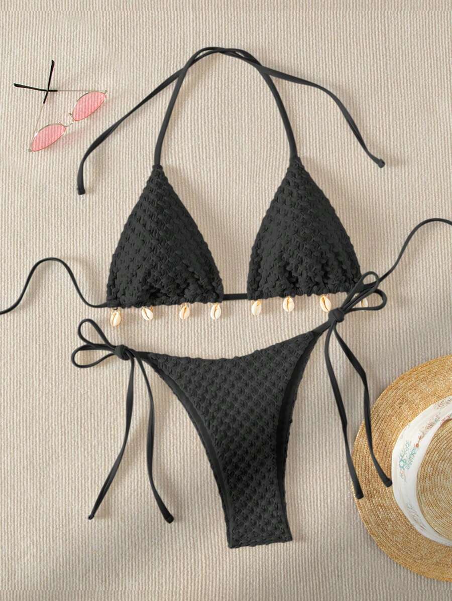 SHEIN Swim 夏季沙灘貝殼裝飾三角比基尼套裝 - 黑色 - 查看 1