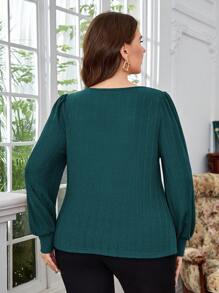 EMERY ROSE Plus Solid V Neck Lantern Sleeve Tee - Dark Green - View 2