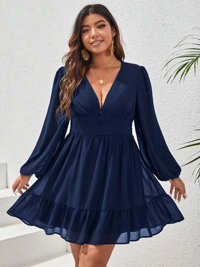 SHEIN VCAY Plus Lantern Sleeve Ruffle Hem Dress