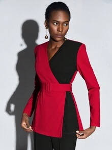Maija Two Tone Belted Blazer - Red - View 5