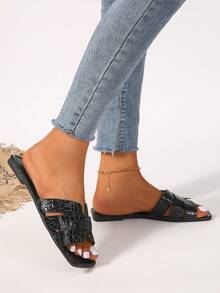 校園風格簡約風和多用途方頭女性拖鞋 - 黑色 - 查看 3