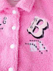 SHEIN Cô Gái Trẻ Thêu Khẩu hiệu Sọc trang trí Áo Teddy Jackets - Hồng - Xem 5