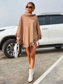 EURMUSE Solid Fringe Trim Asymmetrical Hem Cape Coat - Camel - View 3