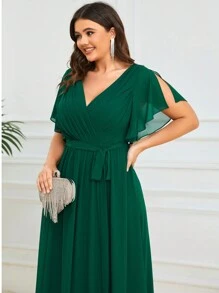 EVERPRETTY Elegant V-Neck Ruffle Petal Sleeve Floor Length Green Wedding Guest Bridesmaid Dress, Spring/Summer - Dark Green - View 4