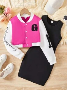 SHEIN Tween Girl Letter Graphic Colorblock Baseball Collar Jacket & Tank Dress - Hot Pink - View 1