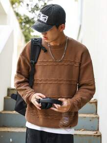 Claim Dot 男士破洞落肩袖套頭毛衣 - 咖啡棕 - 查看 7