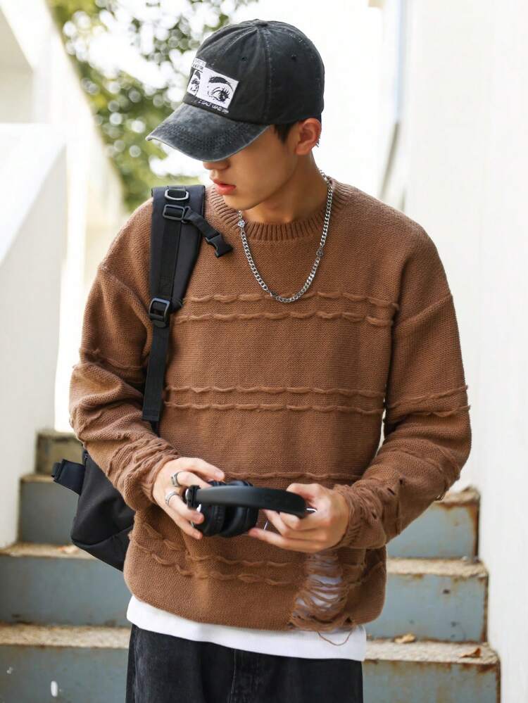 Men Ripped Drop Shoulder Sweater