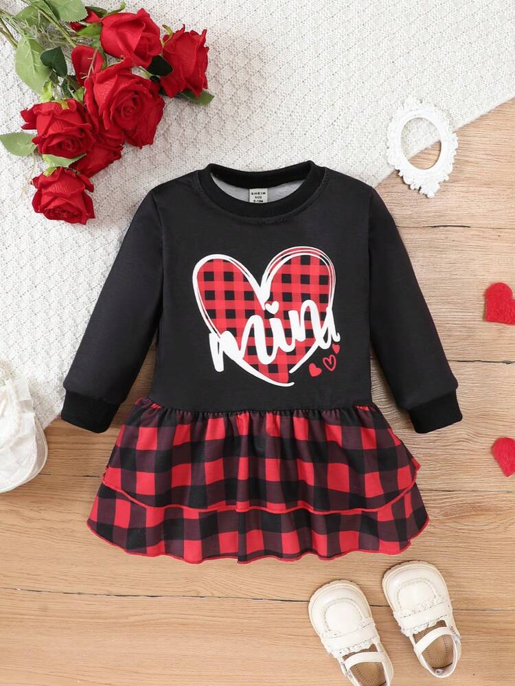 Baby Girls Letter & Heart Print Gingham Ruffle Hem Sweatshirt Dress