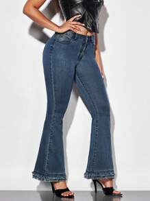 SHEIN BAE 高腰流蘇下擺牛仔喇叭褲 - 藍色 - 查看 4