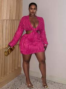 Slaydiva Slayr 大码度假和优雅性感派对迷你连衣裙，纯粉色，低胸领口，镂空腰部，透明面料 - 玫紅色 - 查看 5