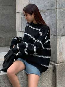 DAZY Striped Pattern Drop Shoulder Sweater,Fall Women Clothes - Black and White - View 8