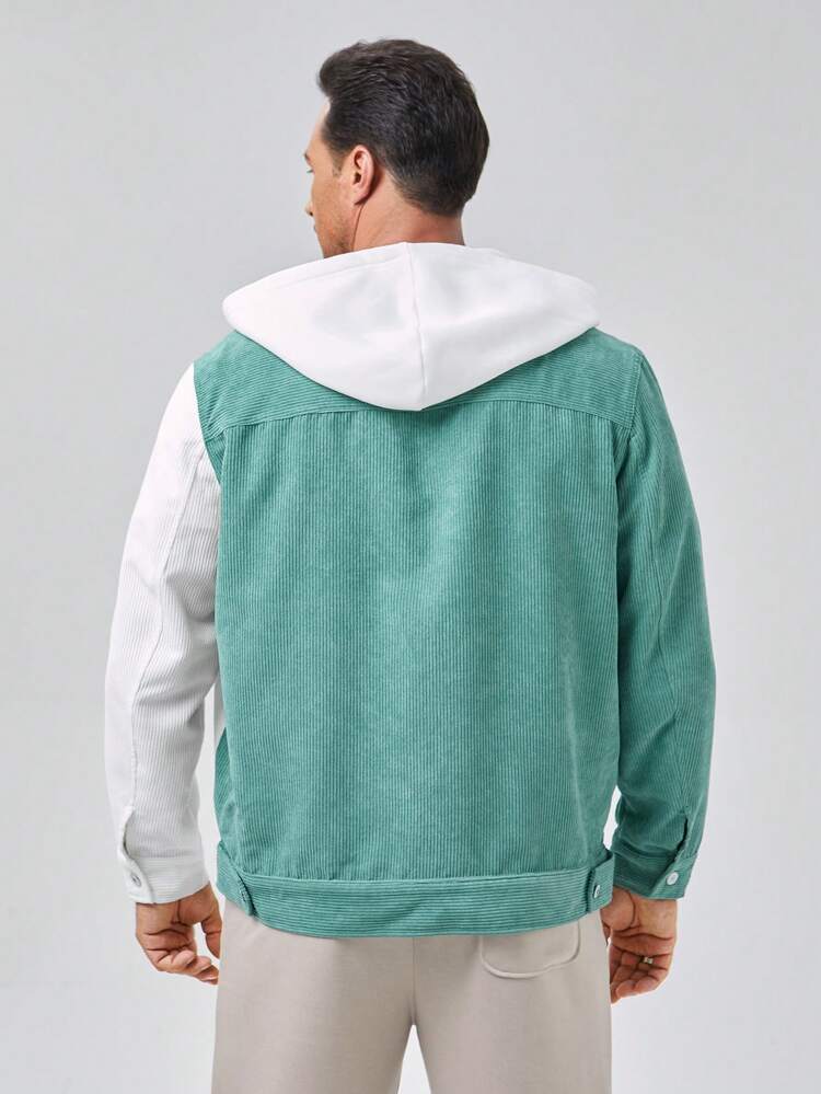 Loose Fit Plus Size Men Two-Tone Flap Pocket Hooded Corduroy Jacket, For Fall Winter