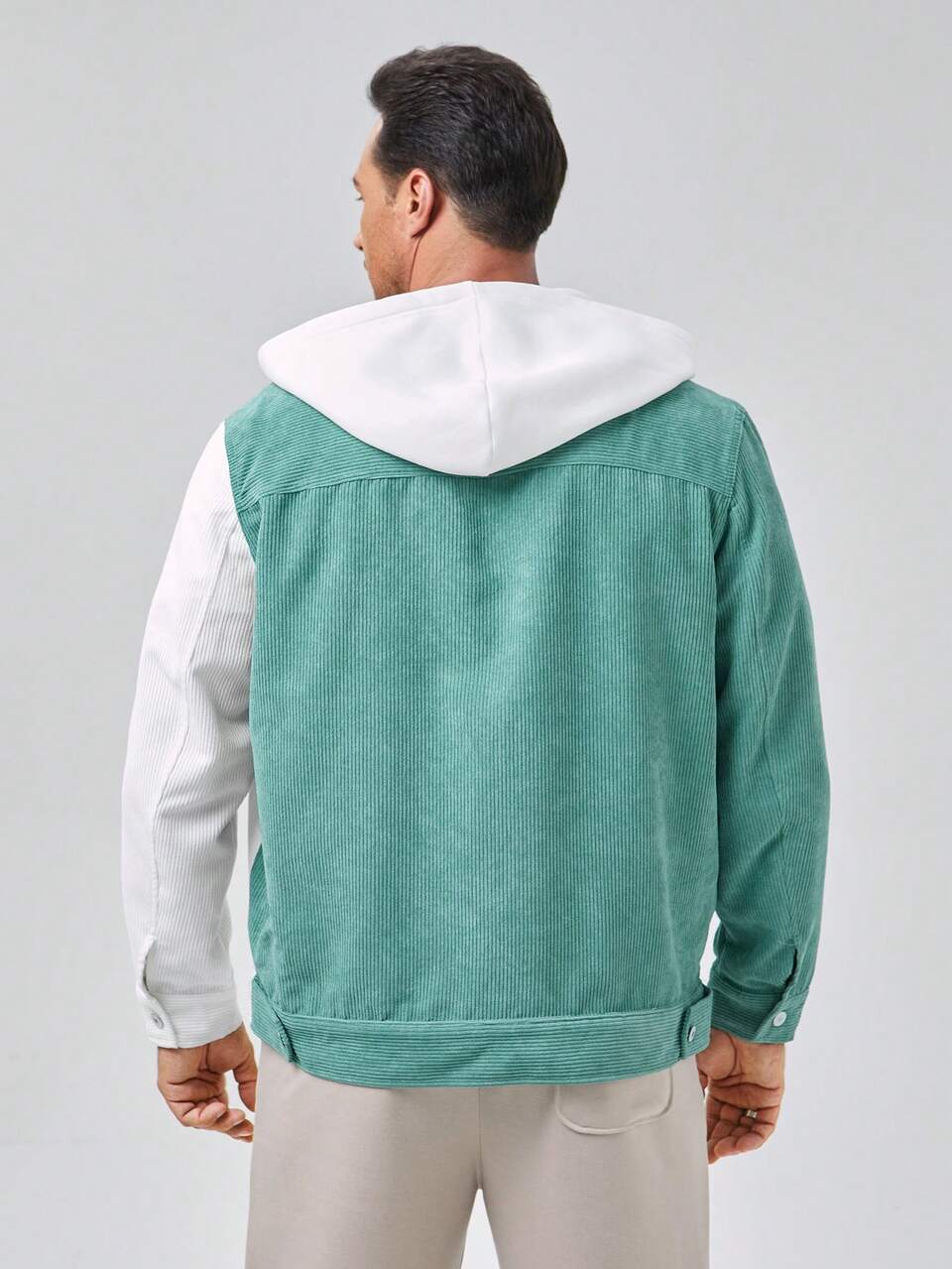 Loose Fit Plus Size Men Two-Tone Flap Pocket Hooded Corduroy Jacket, For Fall Winter