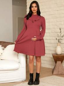 SHEIN 孕婦褶邊燈籠袖洋裝 - 紅色 - 查看 4