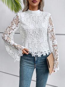 SHEIN Privé 小高領提花蕾絲襯衫 - 白色 - 查看 4