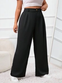 SHEIN PETITE CURVE Plus Size Solid Color Front Button Simple Casual Suit Pants Graduation,Back To School,Teacher Outfits For Women,Suitable For Daily Wear And Commuting In Fall/Winter