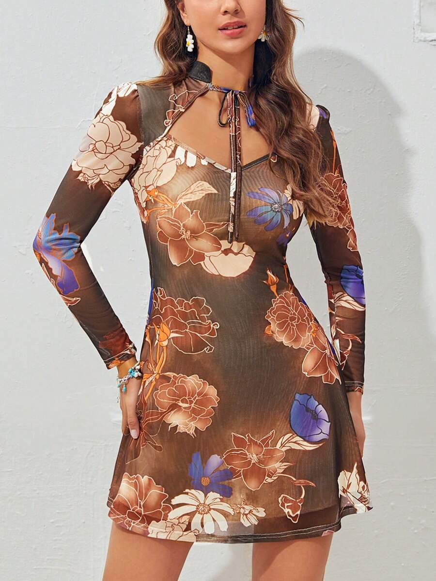 SHEIN Unity Floral Print Tie Neck Cut Out Front Mesh Dress - Multicolor - View 1