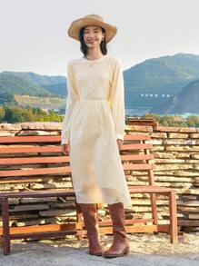DAZY Vestido de manga farol con diseño de jacquard y unicolor, vestido casual para mujeres