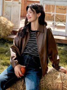 DAZY Zip Up Drop Shoulder PU Leather Jacket,Fall Women Clothes - Coffee Brown - View 4